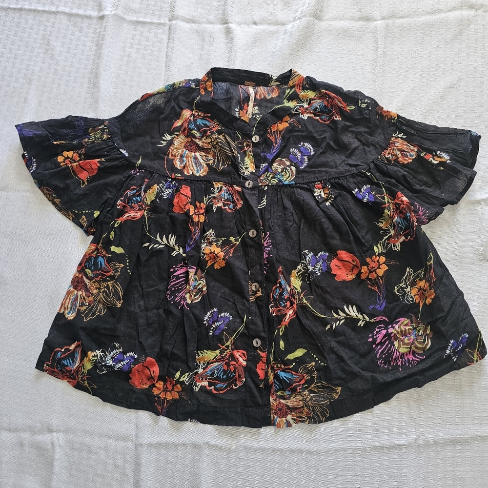 Free People Sheer Floral Blouse Womens Black Button Front Boho Top - Picture 1 of 4